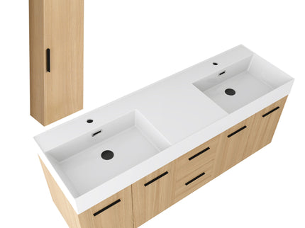 Floating Double Sink Bathroom Vanity Set With Tall Linen Cabinet, Drawers And Doors, Extra Large Storage, Integrated Sink, Soft Close Hardware - Glossy White / Light Oak