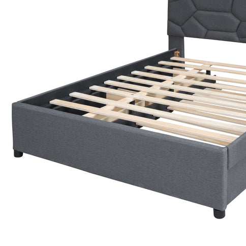 Upholstered Platform Bed With Brick Pattern Headboard And Twin Long Size Trundle