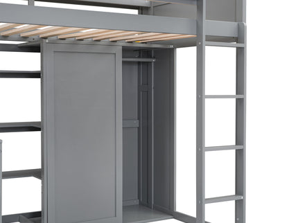 Loft Bed With Built In Desk, Storage Shelves, And Wardrobe