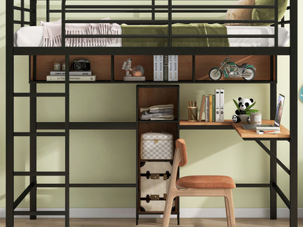 Full Size & Loft Bed With L-Shaped Desk And Shelves - Black
