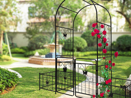 Metal Garden Arch With Gate High Climbing Plants Support Rose Arch Outdoor - Black