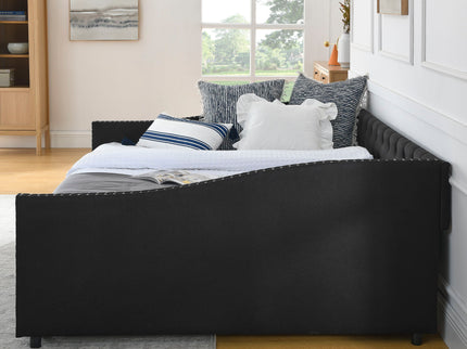 Upholstered Tufted Daybed With 2 Drawers, Waved Arms