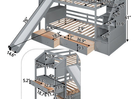 Bunk Bed With Storage Staircase, Slide, Desk, Drawers, And Shelves