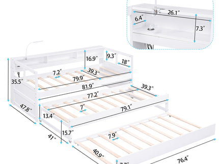 Daybed With 2 Trundles, 3 Storage Cubbies, Built In USB Charging Light