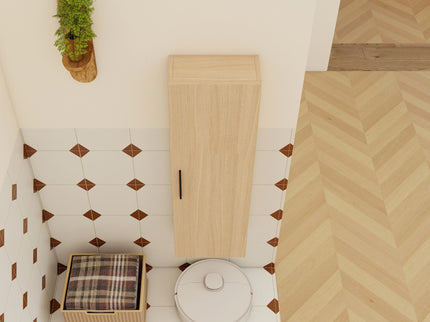 Tall Floating Bathroom Side Cabinet, Wall Mounted Single Door Storage - Light Oak