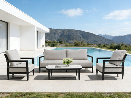 Outdoor Conversation Set With Chairs, Bench Sofa, Tables, Sunbrella Cushions
