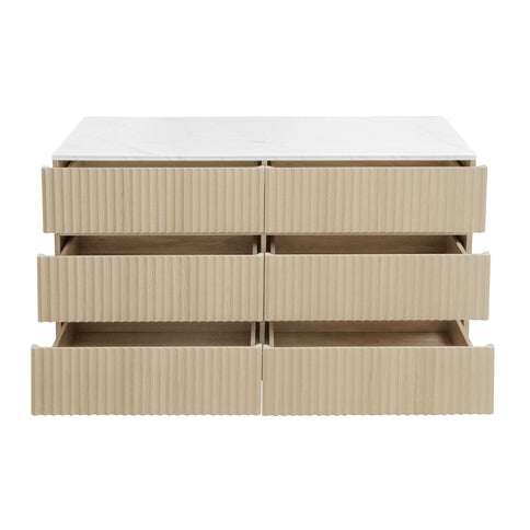 Fluted 6 Drawers Dresser, Double Dresser Chest Of Drawers, Modern Chest Of Drawers With LED, Drawer Organizer For Bedroom, Living Room, Hallway - Natural