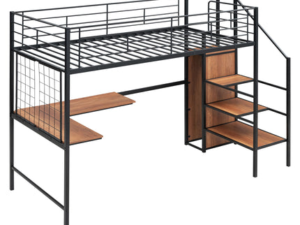 Loft Bed With Desk And Grid, Stylish Frame With Lateral Storage Ladder And Wardrobe