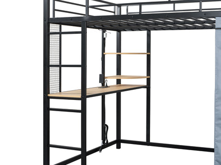 Loft Bed With Desk, Shelves, Power Outlet, LED Light And Wardrobe