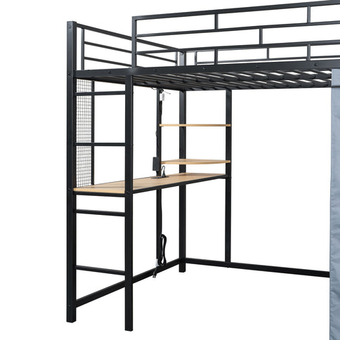Loft Bed With Desk, Shelves, Power Outlet, LED Light And Wardrobe