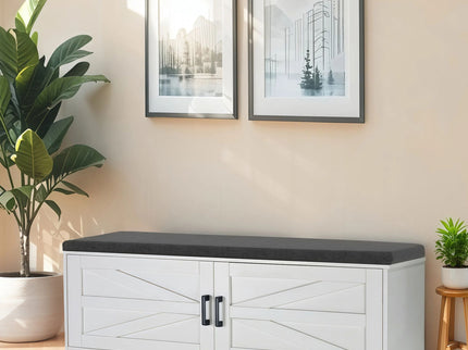 2 Tier Shoe Bench With Padded Seat, 2 Barn Doors And Adjustable Shelves, For Entryway And Living Room - White