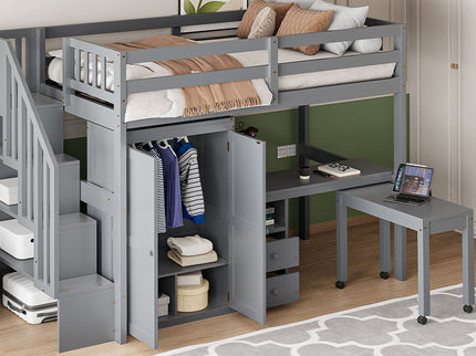 Loft Bed With Stairs, Bookshelf, Drawers, Desk & Wardrobe, Space Saving Multifunctional Furniture
