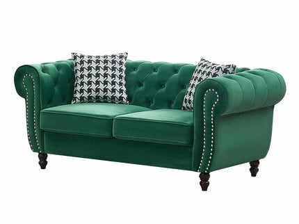 Chesterfield Fabric Sofa With Roll Armrest And Nailhead, Mid Century 2 Seater Couch