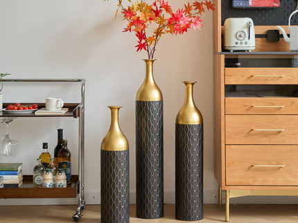 Elegant Floor Vase Set Metal Decorative Vases 3 Piece Set For Floral Display, Wedding & Gift Decor - Gold / Black
