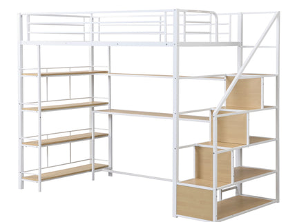 Twin Size Loft Bed With Built In Desk, Staircase Storage & 4 Tier Shelves - White
