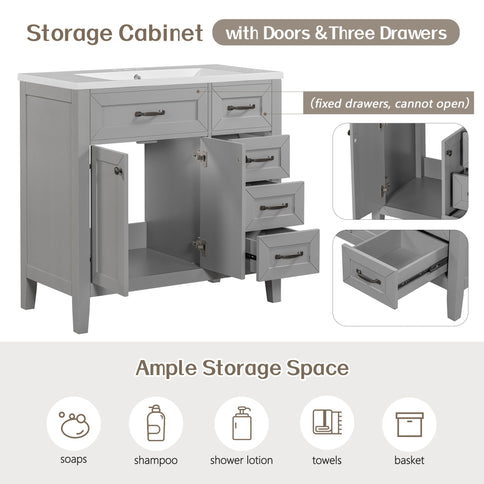 Modern Bathroom Vanity Base Only, 2 Doors And 3 Drawers