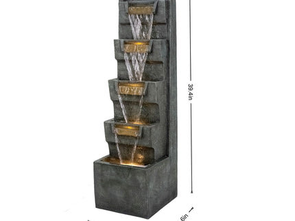 4 Tier Cascading Waterfall Fountain With Warm LED Lights, For Patio - Gray
