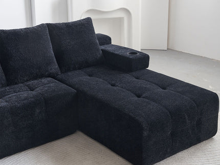 L - Shaped Sectional Sofa With Side Pockets, Wireless Charging, USB Ports, Cup Holder, Bluetooth Speaker, Reversible Lounge Chaise - Black