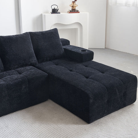 L - Shaped Sectional Sofa With Side Pockets, Wireless Charging, USB Ports, Cup Holder, Bluetooth Speaker, Reversible Lounge Chaise - Black