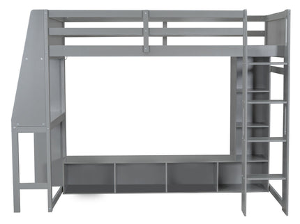 Gaming Loft Bed With Desk, Multi Storage Shelves, LED Lighting, And Hanging Clothes Rack