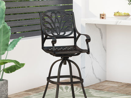 Outdoor Cast Aluminum Swivel Bar Stool With Scrolled Arms - Bronze