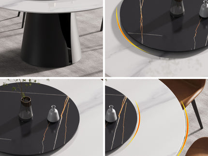 Modern Artificial Stone Round Carbon Steel Base Dining Table, Can Accommodate 6 People, Artificial Stone Turntable