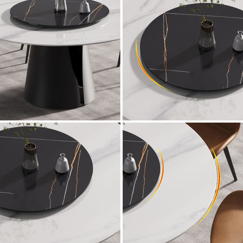 Modern Artificial Stone Round Carbon Steel Base Dining Table, Can Accommodate 6 People, Artificial Stone Turntable