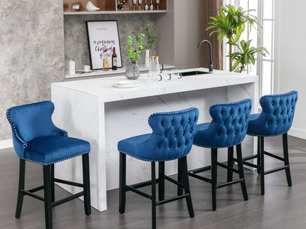Contemporary Upholstered Wing-Back Barstools With Button Tufted Decoration And Wooden Legs, And Nailhead Trim, Leisure Style Bar Chairs, Bar Stools (Set of 2)