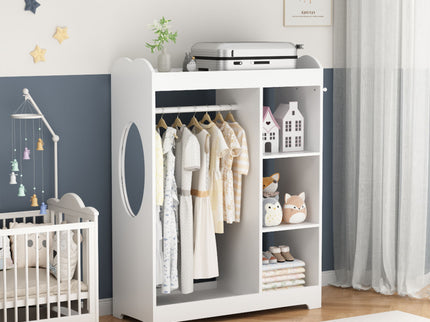 Dress Up Storage With Mirror And Hooks, Clothes Rack With Hanging Rod, 3 Side Hooks, Open Shelves, Top Shelf Organizer - White