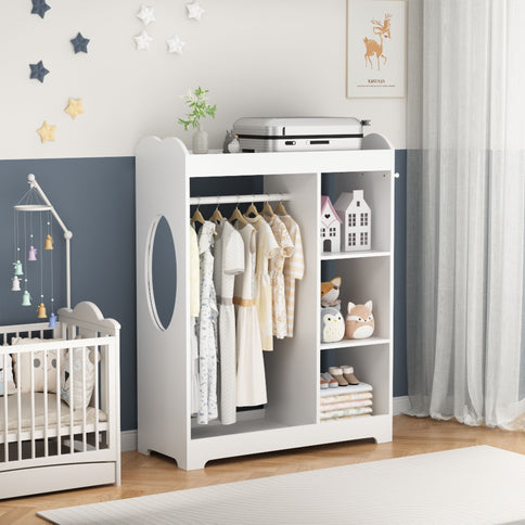 Dress Up Storage With Mirror And Hooks, Clothes Rack With Hanging Rod, 3 Side Hooks, Open Shelves, Top Shelf Organizer - White