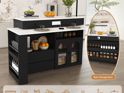 Kitchen Island With Extendable Rotating Table, 4 Drawers & Glass Door Cabinets, Built In Socket - Black