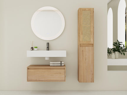 Contemporary Wall Mounted Bathroom Vanity With Resin Sink And 2 Side Cabinet - Imitative Oak