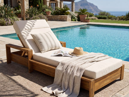 Chaise Lounge Set With 4 Fold Cushion And Built In Headrest, 3 Position Adjustable, For Patio Pool - Cream / Teak