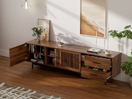 TV Stand, Media Console With 2 Drawers, Soft Closing Hinges, Adjustable Shelves, Slatted Design - Walnut