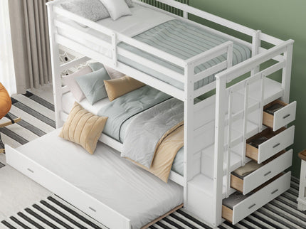 Twin Over Twin Bunk Bed With Trundle And Staircase - White