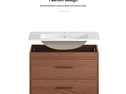 Wall Mounting Bathroom Vanity With Soft Close 2 Drawer, Sink - Reddish Brown