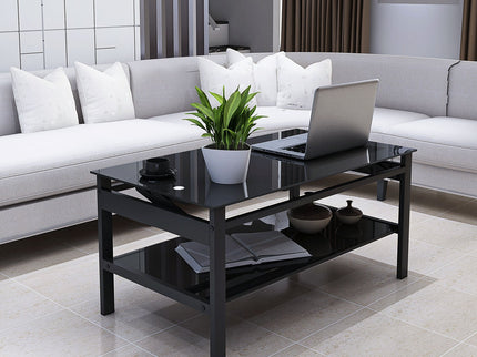 Glass Lift Top Coffee Table, Modern Simple 2-Layer Tempered Glass Coffee Table For Living Room - Black