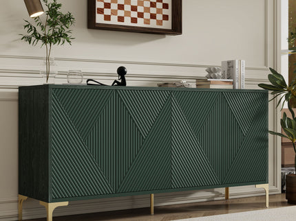 Modern Wood Sideboard Cabinet With Carved Door Panels, Adjustable Shelves, And Sturdy Metal Legs