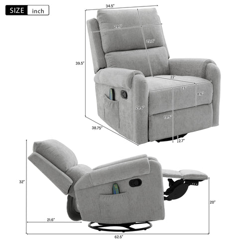 Manual Recliner Massage Chair With Swivel Rocker, 8 Massage Modes, Side Storage Pocket