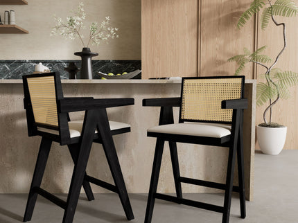 Woven Cane Plastic Backrest Bar Stool Foam Padded Fabric Seat & Durable Rubberwood Frame - Cream Gray