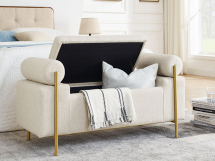 Elegant Upholstered Storage Bench With Cylindrical Arms And Iron Legs,