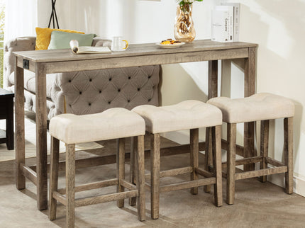 4 Piece Bar Table Set With Power Outlet, 3 Padded Stools