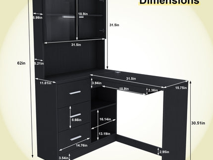 L-Shaped Computer Desk With Glass Cabinets, Built In LED Lights, USB Charging Ports