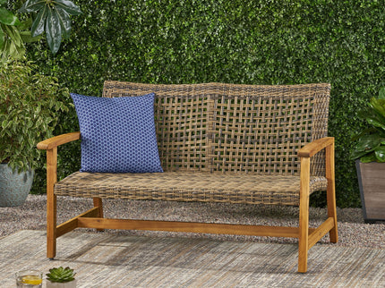 Outdoor Rattan Loveseat With Wooden Legs - Brown