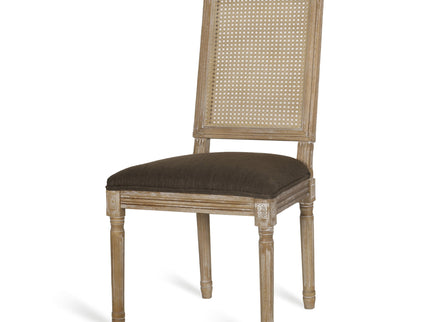 French Country Dining Chair With Rectangular Cane Backrest And Smooth Upholstered Seating