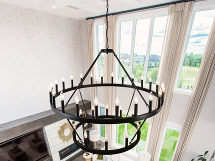 2 Tiers Wagon Wheel Chandelier Wooden Farmhouse 36 Light (24 / 12) Or (12 / 24) Metal Chandeliers 2 Story Light Fixtures Industrial For High Ceiling Living Dining Room Foyer, Adjustable Height - Black
