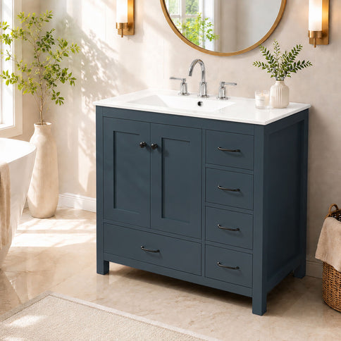 Bathroom Vanity With Sink Combo, 2 Soft Close Doors And 5 Drawers