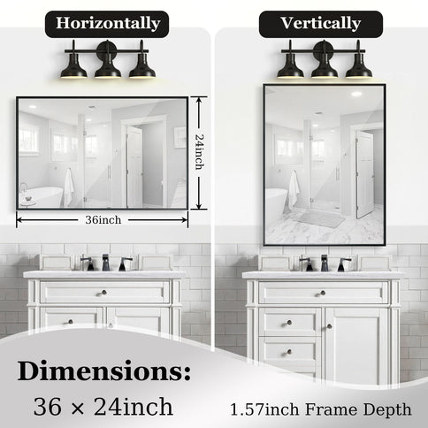 Glossy Framed Mirror For Bathroom Rectangular Wall Bathroom Mirror Metal Frame Farmhouse Mirror Large Decorative Square Corner Rectangle Mirror (Horizontal & Vertical) - Brushed Silver