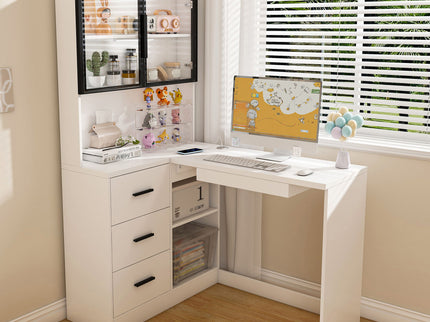 L-Shaped Computer Desk With Glass Cabinets, Built In LED Lights, USB Charging Ports