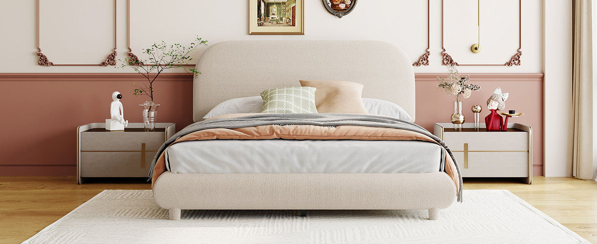 Upholstered Platform Bed With Thick Solid Frame And Stylish Curve-Shaped Design